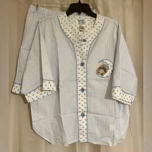 Night Gear Blue Stripe Moon Star Teddy Bear Cotton Pajama Set Size L